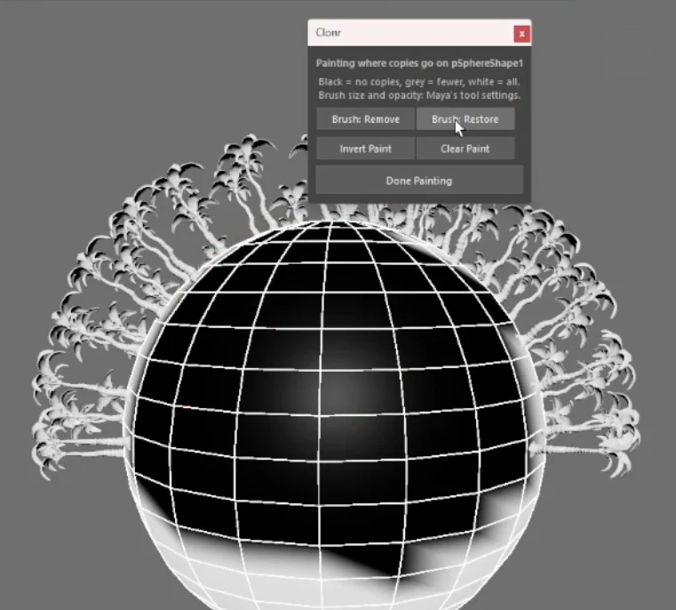 Painting where copies go on a sphere in Maya, with the Clonr paint window open and trees scattered on the white areas