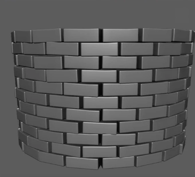 A curved brick tower wall in Maya made with stacked Circle rings