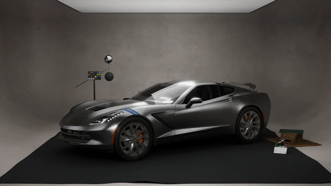 A grey sports car with a blue stripe and orange brake calipers in a studio