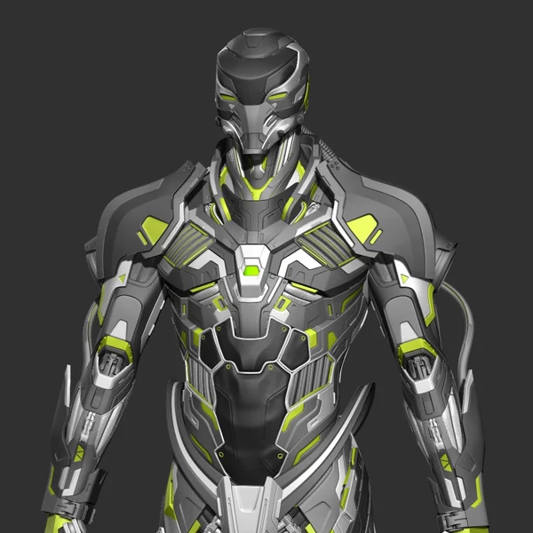 Close front view of the sculpt with green accent panels
