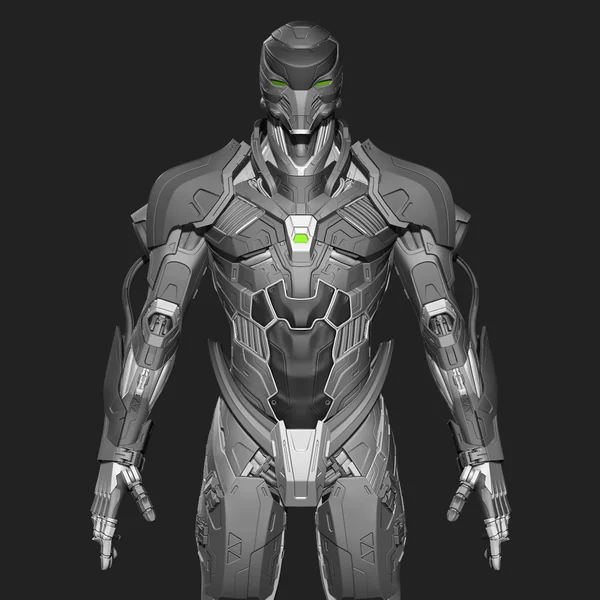 Finished grey sculpt of the armoured character from the front