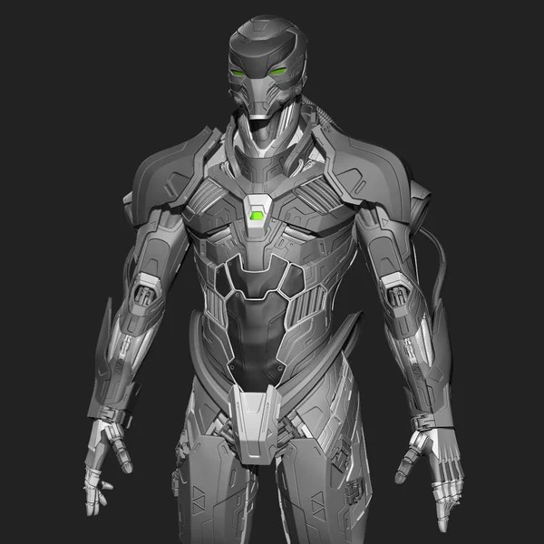 Finished grey sculpt of the armoured character in three-quarter view