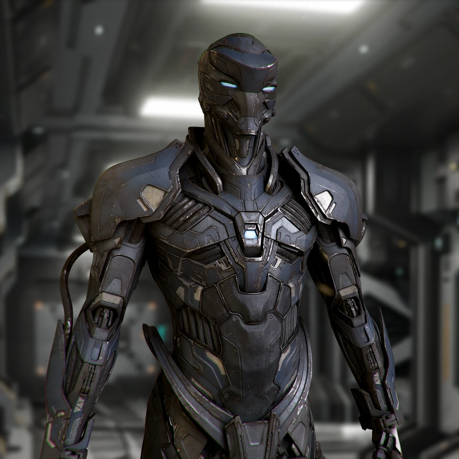 The armoured character in dark slate armour with glowing blue eyes and chest core, standing in a hangar corridor