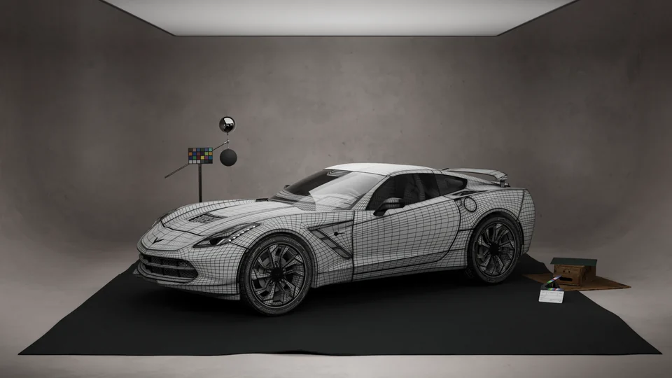 The same sports car shown in wireframe