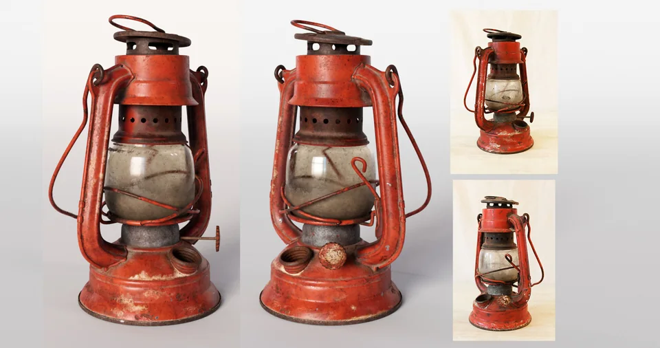 Angled views of the lantern render beside reference photos