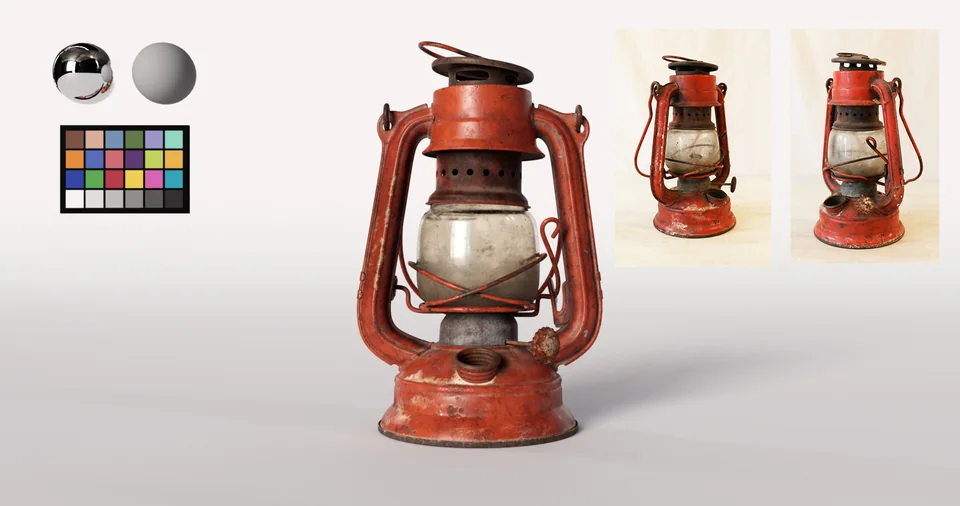 Back view of the lantern render beside reference photos