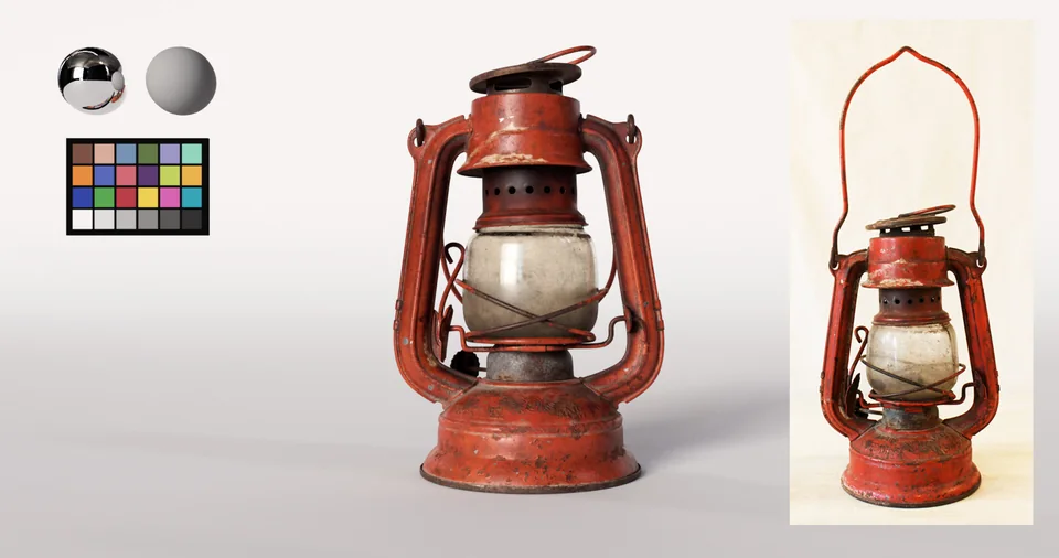 Front view of the lantern render beside reference photos