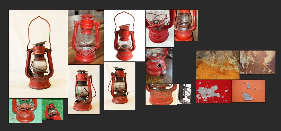 Reference board of real kerosene lanterns and close-ups of rust and chipped paint