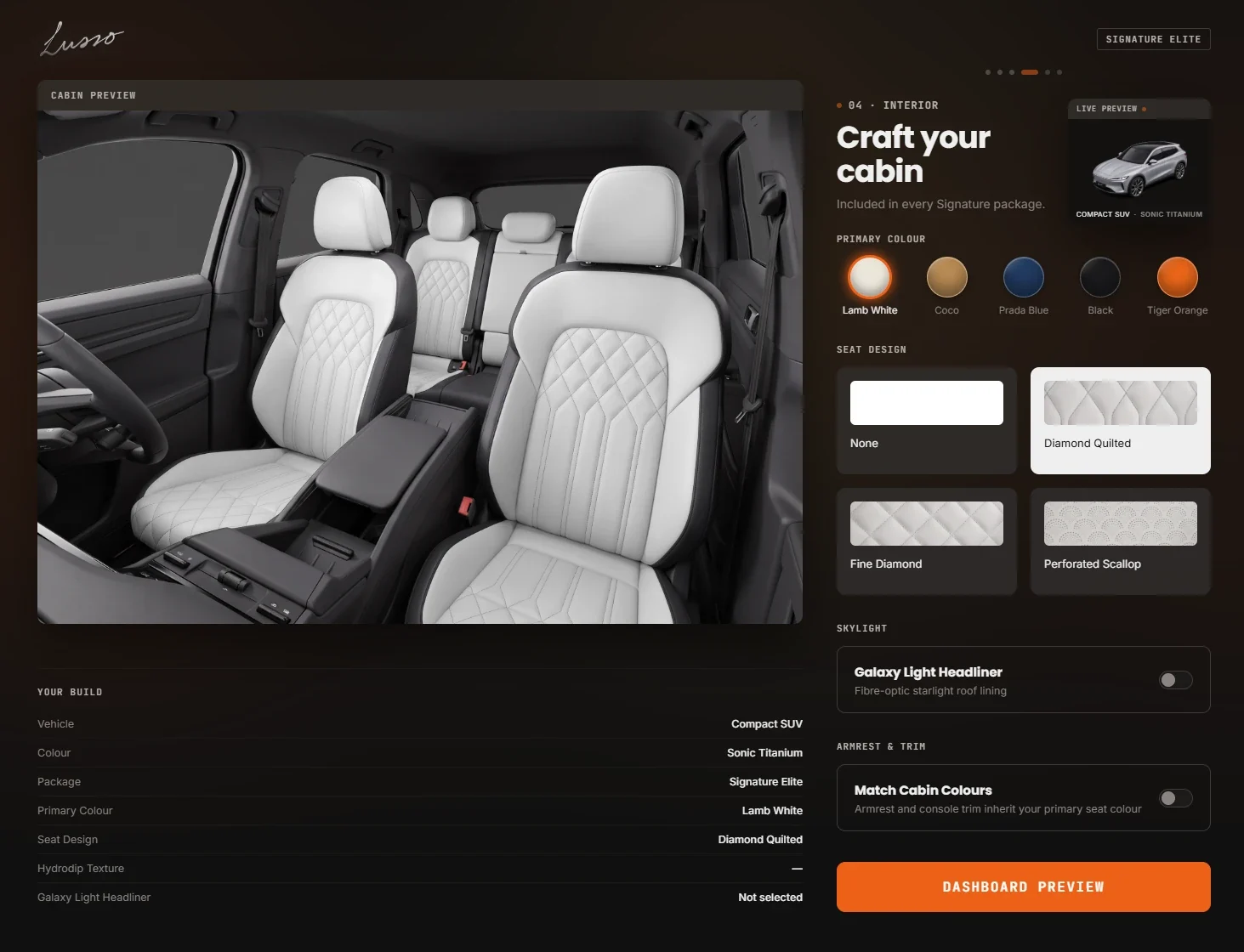 The Lusso configurator's cabin step with white seats, colour and seat design options