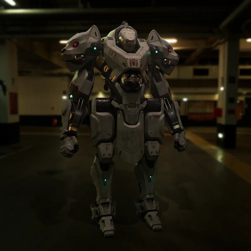 The mech standing in a dim underground car park