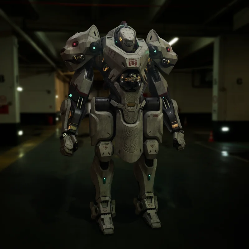 The mech in the car park under warmer overhead lights