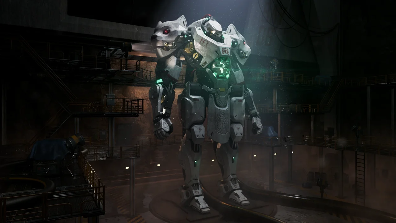 The white mech standing in a dark industrial hangar under a spotlight
