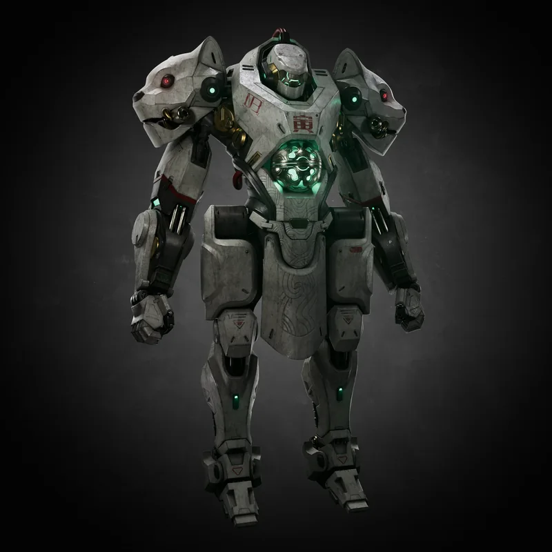The mech on a dark studio backdrop with its chest core glowing green