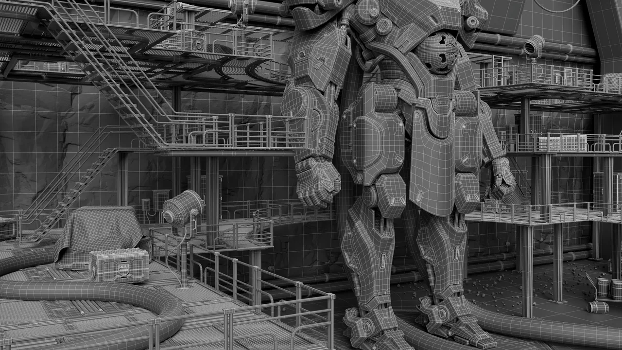 Wireframe of a hard surface mech, the kind of model Polycop checks