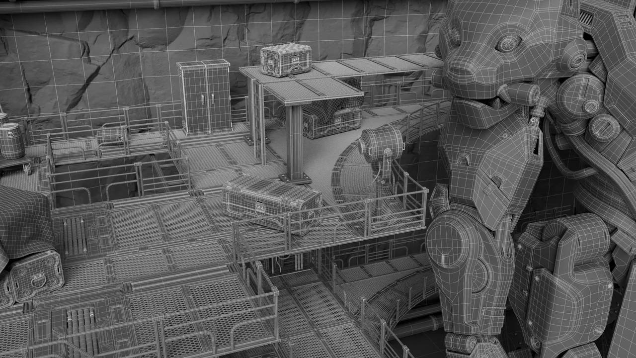 Wireframe close-up of the mech's arm and the platforms behind it