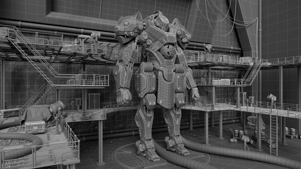 Wireframe of the mech in its hangar
