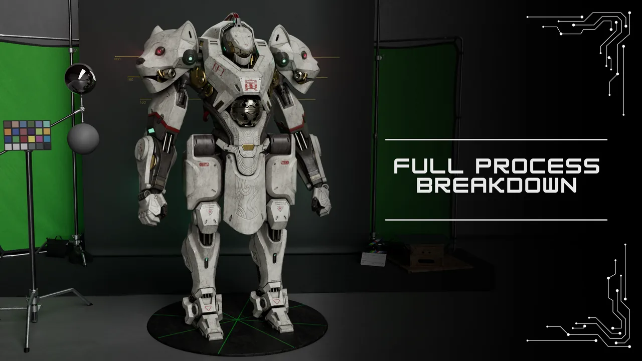 Full process breakdown: the finished white mech standing in a studio