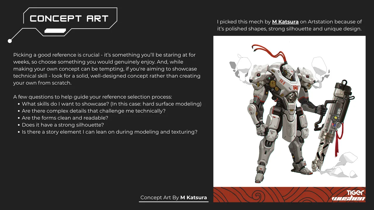 Concept art: choosing a reference, with the original mech concept by M Katsura