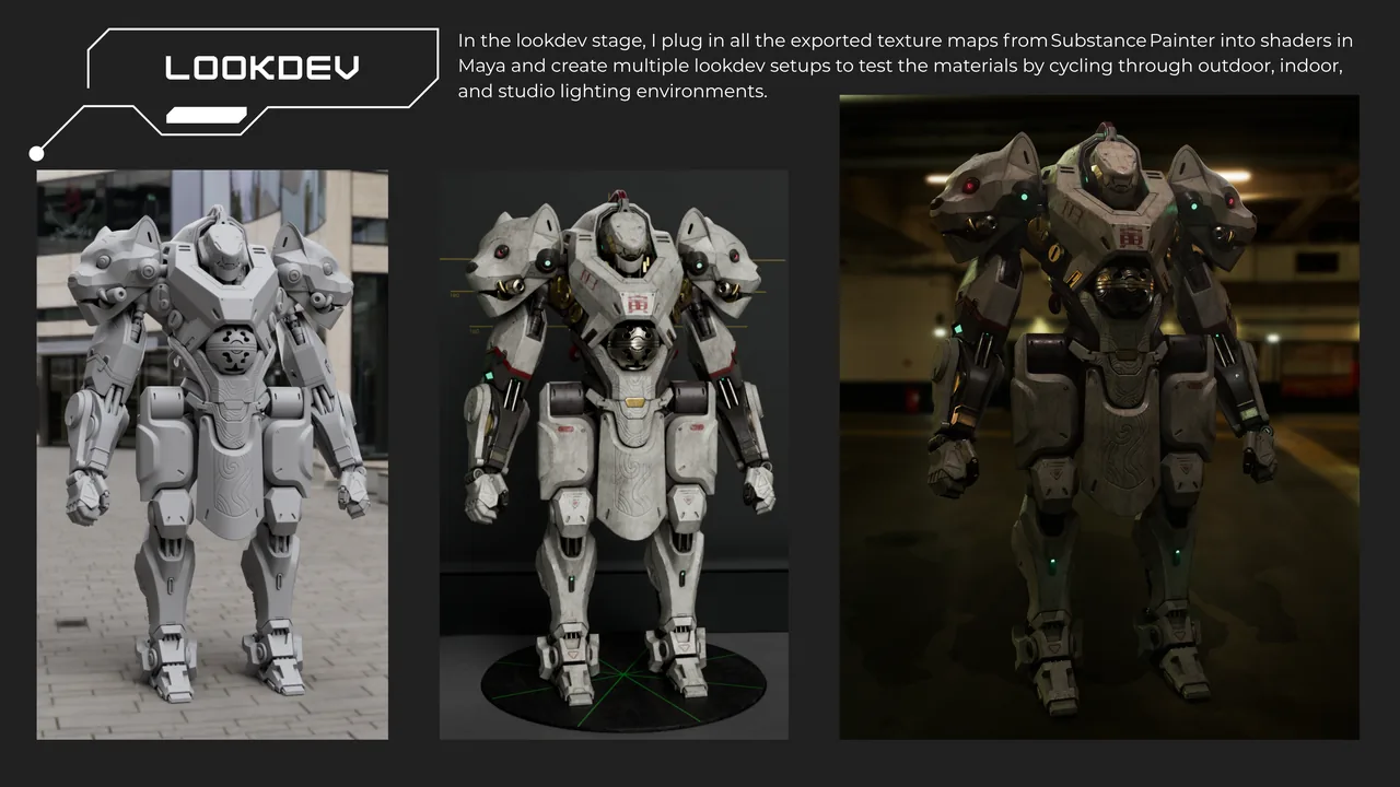Lookdev: the mech in studio, outdoor and dark lighting
