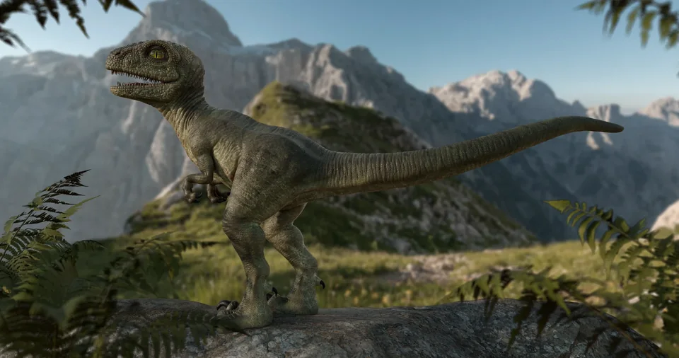 The baby velociraptor standing on a rock with mountains behind